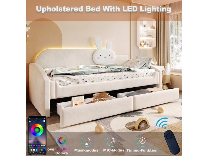  Lit jeune, 90x200 cm, éclairage led, rangement intégré, beige cao-LDU00591AAA-conf-NEW - Conforama W