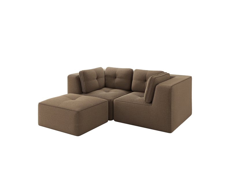 Canapé d’angle modulaire 2 places 208x177x69 cm, assise moelleus, avec repose-pieds déplaçable, en velours côtelé, marron - Conforama A