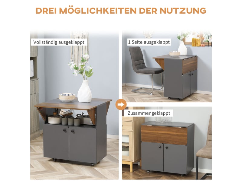 Tablearmoire pliante avec côtés à roulettes, deux côtés de table rabattables, compartiment de rangement, 4 roulettes, 70 x 83 x 75 cm - Conforama E