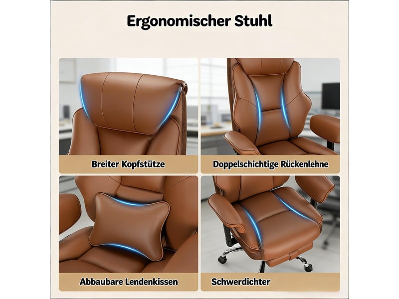 Chaise de bureau réglable avec repose-pieds - lpospi - dossier inclinable, polyuréthane marron, 77 × 71 × 118–125,5 cm - Conforama E