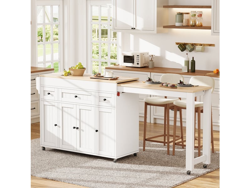  Îlot de cuisine sur roulettes extensible 137-190,6x45,2x92 cm avec rangement et 3 tiroirs, en mdf et aggloméré, finition blanc naturel  - Conforama D