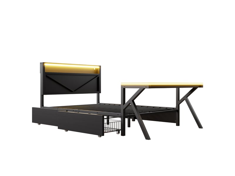  Lit simple gaming en métal 140 x 200 cm avec tête de lit à led, lit adulte noir, lit 1 personne a bureau à led et deux tiroirs  - Conforama W