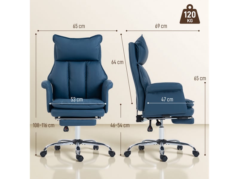  Chaise de bureau avec repose-pieds, dossier inclinable haut, rembourrage épais, revêtement en similicuir, roulettes, bleue  - Conforama D