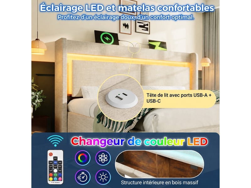 Lit coffre 160 x 200 cm en lin beige, tête de lit avec rangement, led et usb-c - Conforama D