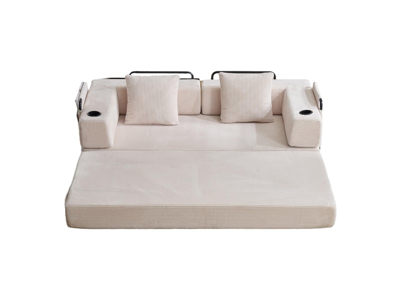  Canapé convertible au sol avec accoudoirs rabattables, porte-gobelets et poche latérale en velours côtelé blanc  - Conforama A
