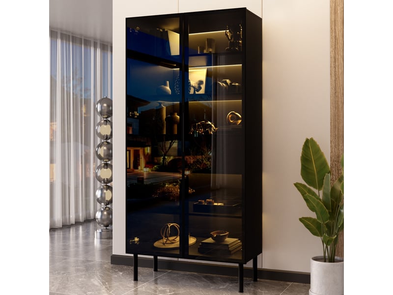  Vitrine d'exposition - 70x36x170cm - vitrine de salon avec led, vaisselier 2 portes en verre, 2 tiroirs &amp; étagères - noir &amp; chêne  - Conforama C