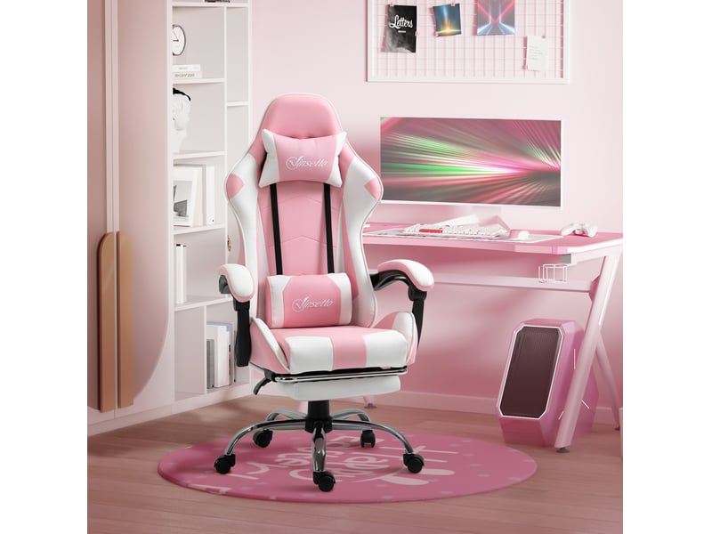  Chaise de gaming ergonomique bureau avec appui-tête coussin lombaire réglable en hauteur pivotante à 360° rose et blanc  - Conforama B