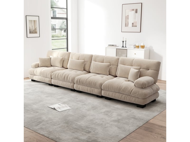  Canapé d'angle modulaire 4 places avec assise profonde et coussins, style vintage, en chenille, brun clair  - Conforama D