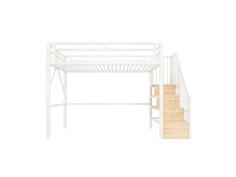 Lit mezzanine blanc 90x200 cm en métal avec escalier rangement et led, sans matelas - Conforama A