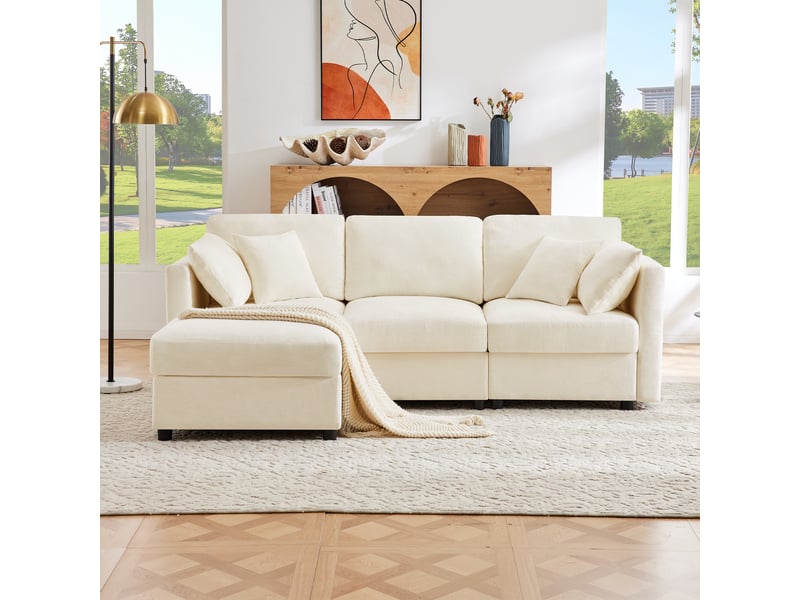  Canapé d'angle, canapé convertible, 3 places, en tissu chenille, beige, adapté à l'espace de vie, avec pouf  - Conforama E