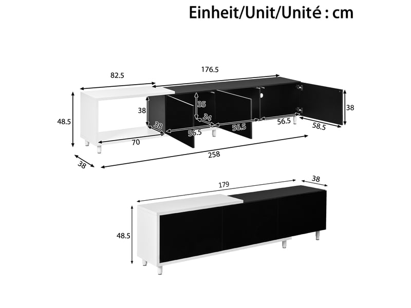  Meuble tv extensible 258 x 38 x 48,5 cm, 3 portes brillantes, noir et blanc  - Conforama C