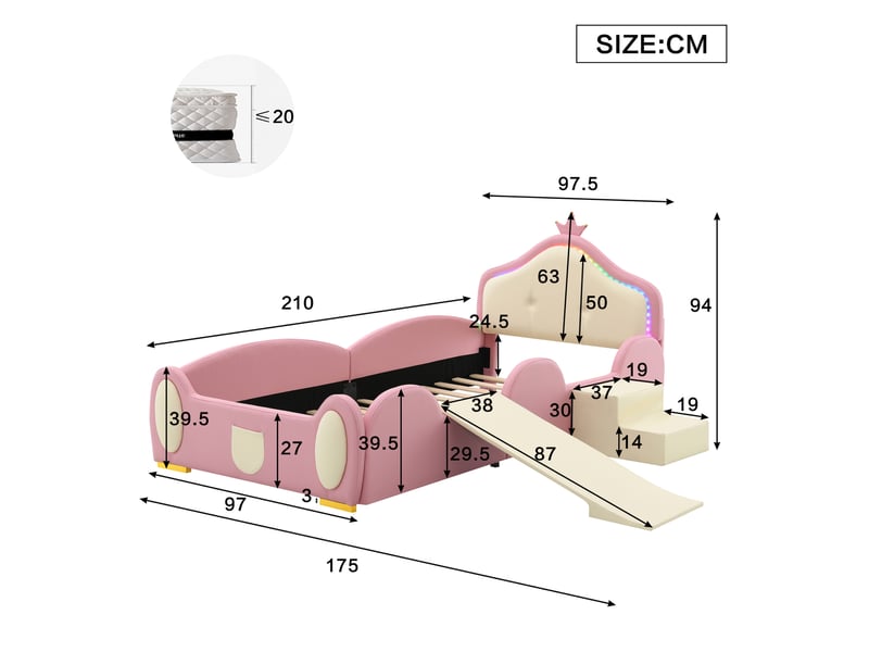Lit enfant 90x200 cm avec toboggan, escalier et led multicolore rose et beige - Conforama C