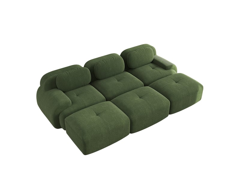 Canapé d'angle modulable 3 places en velours côtelé vert avec 3 poufs, sans montage, idéal pour salon et cinéma maison - Conforama A