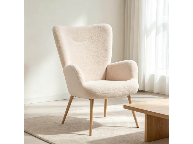 Fauteuil à dossier haut et accoudoirs intégrés en tissu bouclette beige - Conforama C
