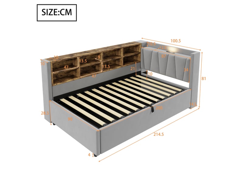  Lit coffre enfant 90x200 cm, led, usb type-c, étagères, rangement, sommier, velours gris clair, sans matelas  - Conforama C