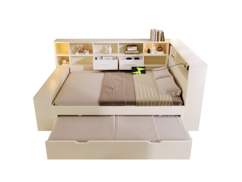  Lit gigogne 140x200 cm avec rangements et ports de charge, bois et panneau de particules, blanc, sans matelas  - Conforama A