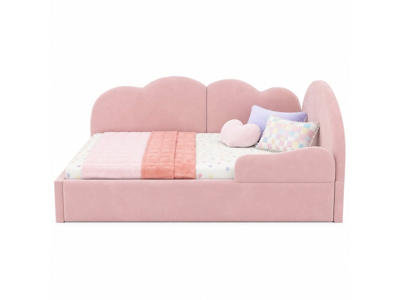  Lit banquette extensible convertible en l (90x200+90x190) avec tête de lit nuageuse en tissu velours rose - design espace optimisé, sans matelas  - Conforama A