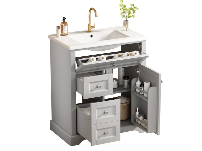 Meuble vasque salle de bain gris 76 cm avec lavabo intégré, tiroirs soft-close et étagère réglable - Conforama E