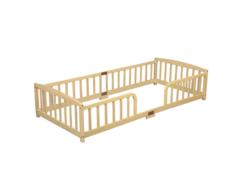  Lit au sol 90x200 cm en pin naturel avec barrières de sécurité et entrée centrale  - Conforama E