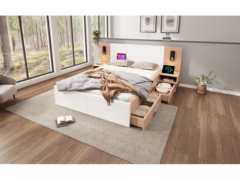 Lit adulte 140x200 cm blanc et chêne clair avec tiroirs, usb et éclairage, matelas inclus - Conforama W