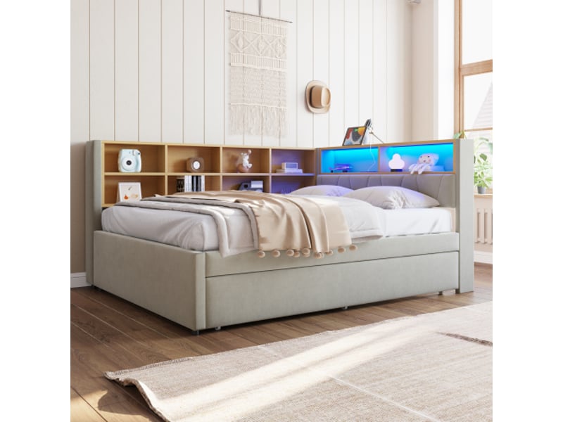  Lit gigogne 140x200 et 90x190 cm, avec rangements et ports usb et type-c, en tissu, gris clair, sans matelas  - Conforama C