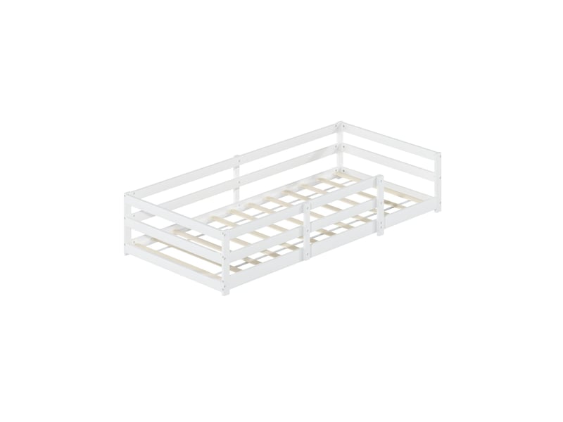  Lit enfant montessori 90x200 cm, lit bas avec barrière de sécurité, lit simple avec sommier, bois, blanc sans matelas  - Conforama E