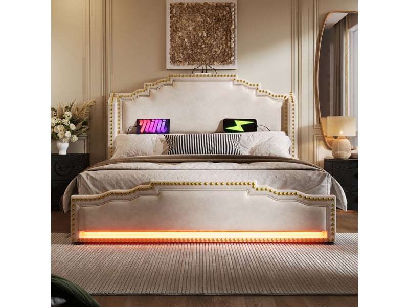  Lit coffre 140x200 cm en velours avec 4 tiroirs, éclairage led, ports usb et type-c, lit double avec sommier à lattes, rangement intégré - beige  - Conforama B