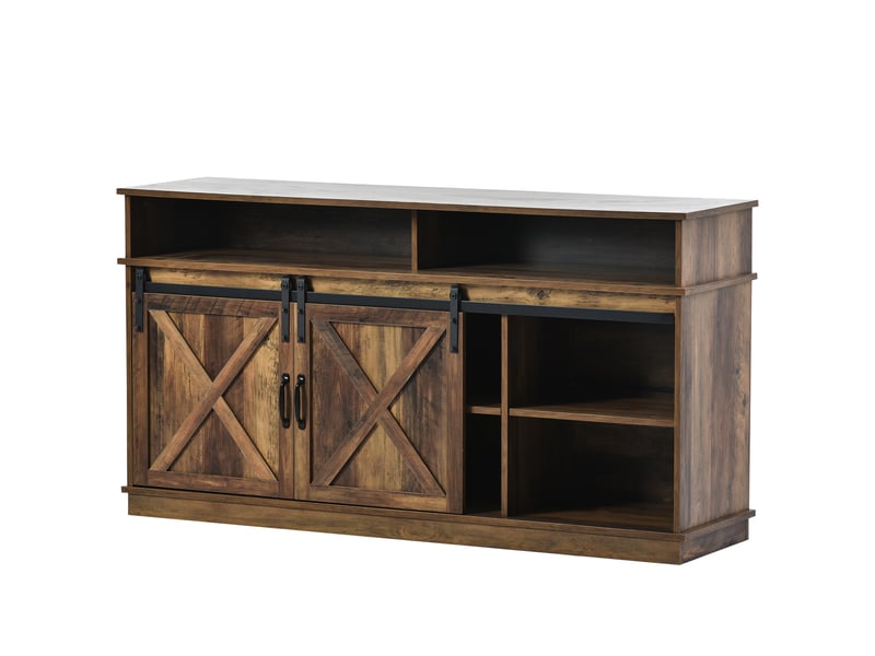  Meuble tv style campagne 148x40x78 cm avec 2 portes coulissantes et étagères réglables, grand rangement pour salon et salle à manger  - Conforama D