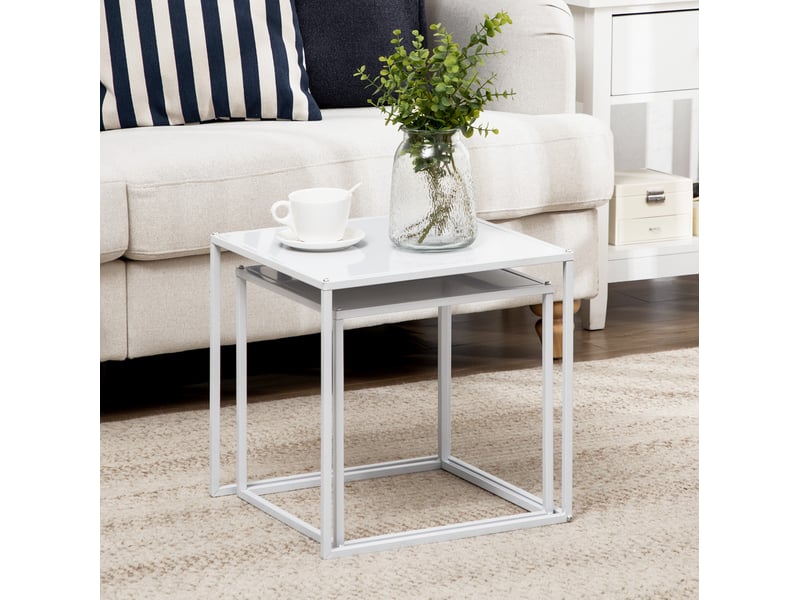  Tables basses gigognes carrées en lot de 2 avec structure en acier, charge 10 kg, style moderne, blanches pour salon  - Conforama D