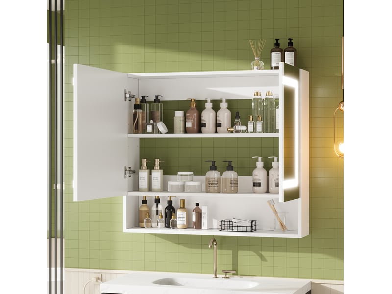  Miroir mural 80x17x70cm, finition blanche en mdf, armoire de toilette avec rangement, double porte et éclairage led antibuée  - Conforama D