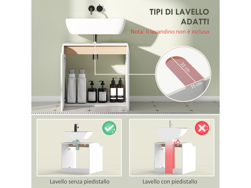  Meuble sous lavabo 60 x 35 x 57,9 cm, 2 portes à fermeture douce, blanc et bois naturel  - Conforama R