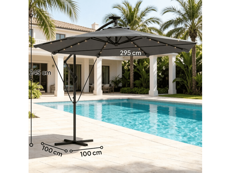 Parasol déporté de jardin avec éclairage led solaire, toile ronde ø 295 cm, gris foncé et noir - Conforama E