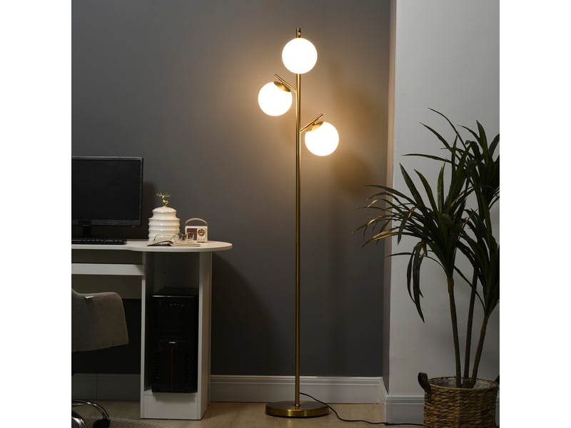  Lampadaire sur pied salon en métal avec 3 abat-jours globe blanc verre dépoli 40w ø 27 x 169h cm doré  - Conforama D