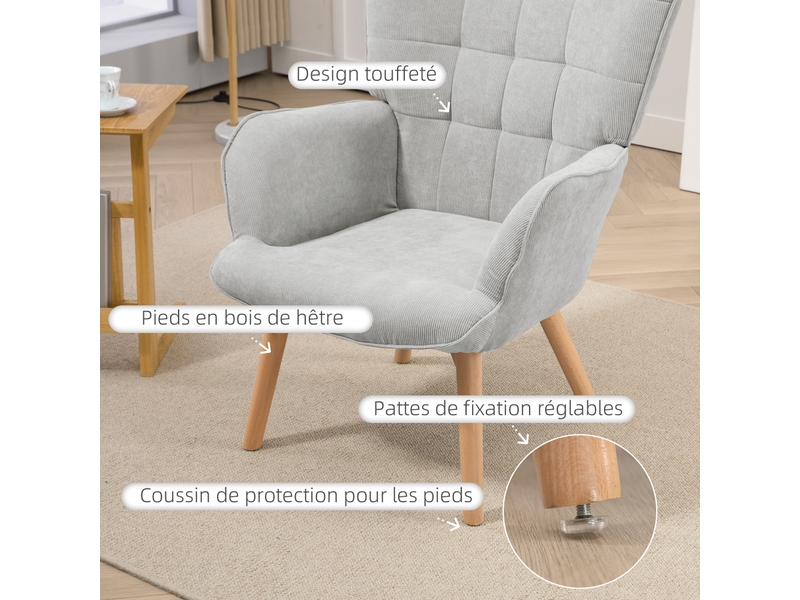  Fauteuil avec repose pied, dossier haut, pieds en bois et tissu aspect velours côtelé, pour salon chambre à coucher gris  - Conforama E