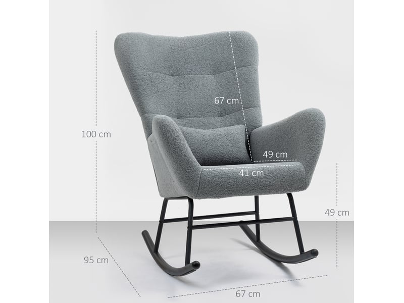  Fauteuil à bascule en tissu teddy avec accoudoirs, coussin lombaire et poche latérale, gris  - Conforama C