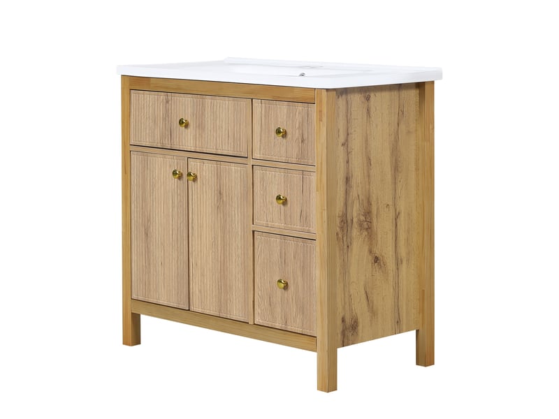Meuble vasque 91 cm bois naturel, lavabo céramique, portes soft-close, tiroirs et étagères - Conforama E