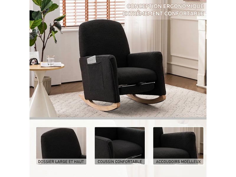  Fauteuil à bascule avec repose-pieds tissu peluche gris foncé dossier haut salon  - Conforama E