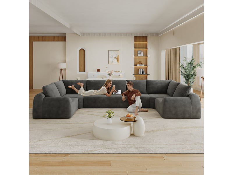  Canapé compressé en forme de u, 411x200x85 cm, 7 places, mousse haute élasticité, sans montage, tissu chenille, gris foncé  - Conforama D