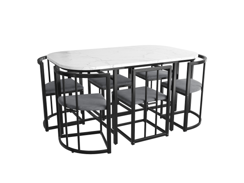Ensemble salle à manger moderne, table blanche + 6 chaises grises – structure métal noir - Conforama D