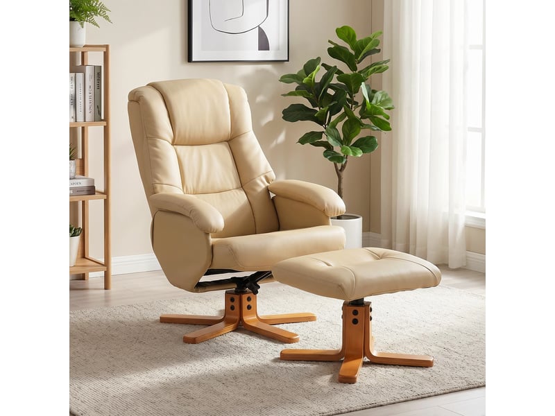  Fauteuil relax avec repose-pied fauteuil de relaxation pivotant 360° dossier inclinable charge 120 kg beige  - Conforama D