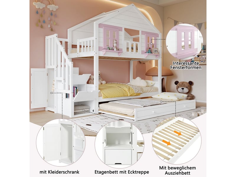  Lit superposé enfant 90x200, structure bois massif lit superpose cabane, lit gigogne inclus, espace penderie, sommier stable  - Conforama E
