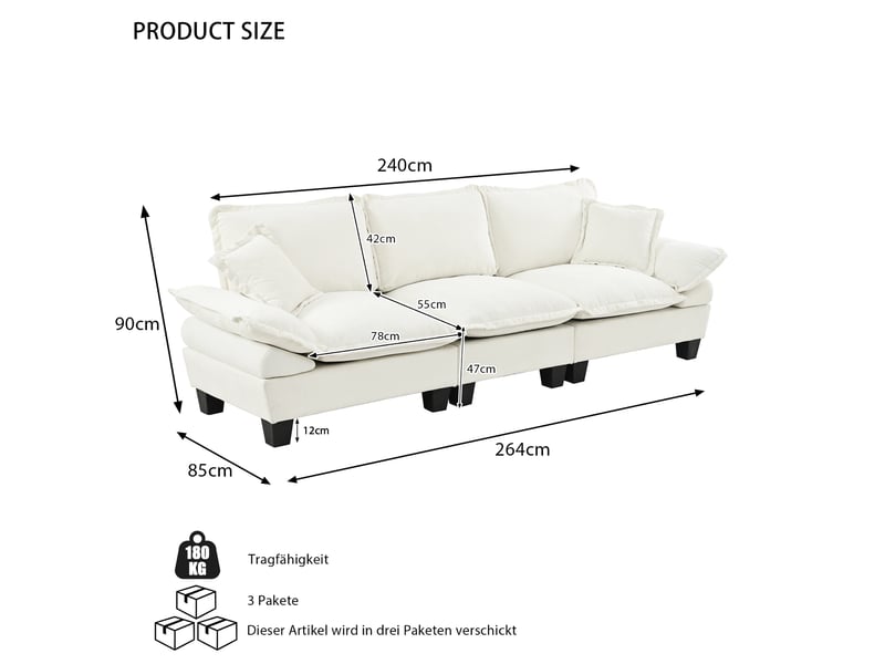  Canapé 3 places en tissu chenille beige 264x85x90 cm avec accoudoirs amovibles  - Conforama C