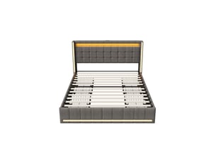 Dreammespace lit double king size 180x200 cm avec 4 tiroirs et prises usb type-c cadre led sommier à lattes tissu lin gris foncé