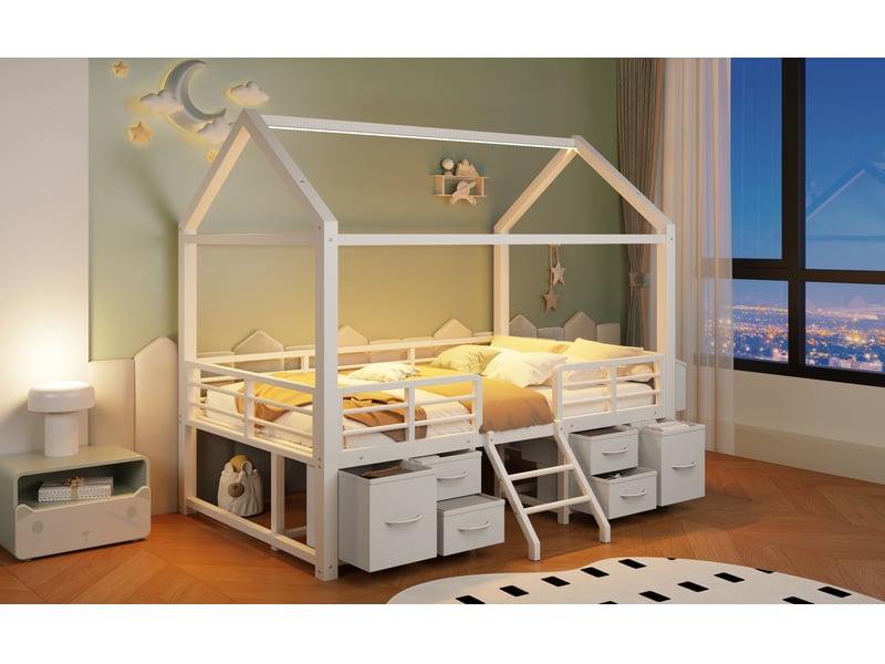  Lit cabane enfant 90 × 200 cm, toit, tiroirs textiles et led, blanc  - Conforama B