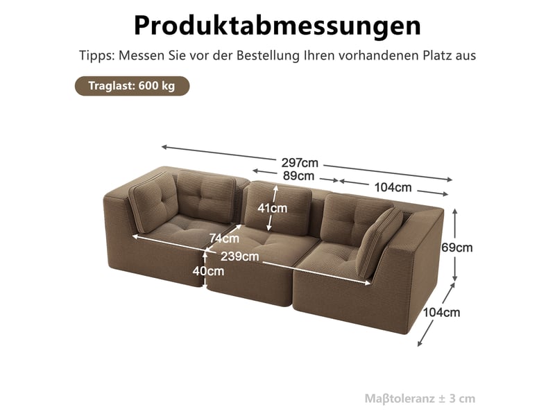  Canapé d'angle modulable 3 places en velours côtelé marron 297 cm, assise profonde, sans montage pour salon  - Conforama C