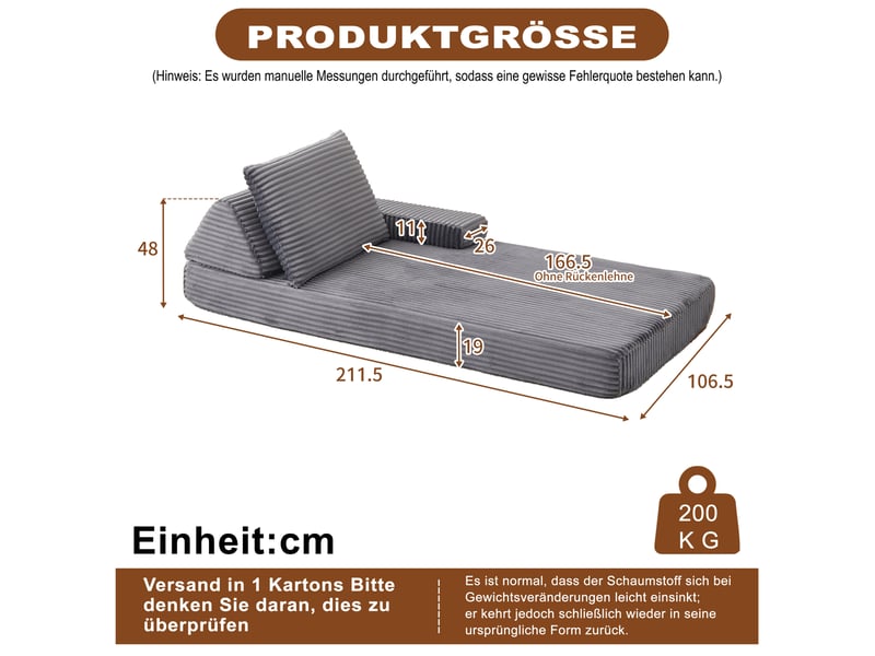  Canapé modulaire avec accoudoirs réglables et dossier triangulaire, style moderne, en corduroy gris  - Conforama D