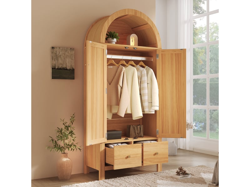  Armoire penderie 78x45x181 cm avec portes en cannage rotin, tringle, 2 tiroirs et étagère arrondie, style naturel effet chêne  - Conforama C