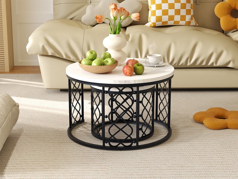  Tcqpz table basse 2 pièces 70x70 cm et 45x45 cm plateau effet marbre structure métal  - Conforama E