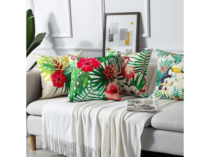 Lot de 4 housse de coussin - 45 x 45 cm, lot de 4 housses de coussin d'extérieur imperméables à motif plantes tropicales, fleurs et oiseaux, housse de coussin, vert - Conforama C