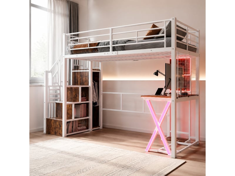  Lit mezzanine enfant 90×200 cm led, bureau, armoire et étagères  - sans matelas, métal et mdf - blanc  - Conforama B